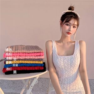 9 colori coreano chic semplice sexy solido sottile collo quadrato senza maniche vestito dal carro armato lavorato a maglia donne mini retro casual stretto avvolgente anca 210429