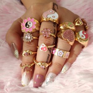 Cute Girls Pink Crystal Enamel Rings Jewelry Yin Yang Butterfly Flower Love Ring 2021 Fashion Party Wedding Best Girlfriend Gift