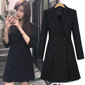 Double Breasted Blazer Spring Autumn Women Elegant Long Sleeve Notched Pleated Mini Dress Suit Office Work Outerwear 210416