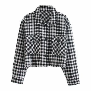 Fashion Retro Women's Lapel Single Breasted Pocket Classic Houndstooth Plaid Short Shirt Style Chic Jacket 210521
