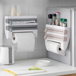 Kitchen Organizer Cling Film Sauce Bottle Storage Rack Tin Foil Paper Holder Kitchen Storage Shelf Plastic Wrap Cutting 211110