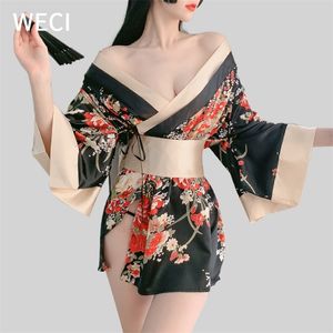WECI女性の着物婦人枕シルクパジャマコスプレ女性日本の衣装ブラックレッドセクシーランジェリーエキゾチックナイトドレス下着210831