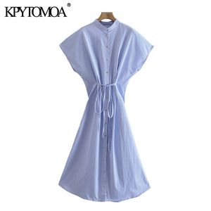 Women Chic Fashion With Belt Striped Midi Dress Wide Short Sleeve Button-up Female Dresses Vestidos Mujer 210420