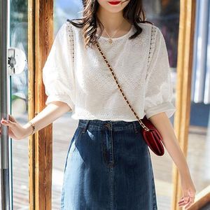 Women s Blouse Solid Color Summer Water soluble Embroidery Lantern sleeves Cotton Crew neck Shirt Female Top Blouses Shirts
