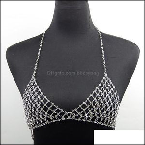 Magkedjor juvelryluxury crystal rhinestone mesh bra bikini sexig charm kvinnor ihåliga underkläder kropp bröstkedja party smycken droppleverans