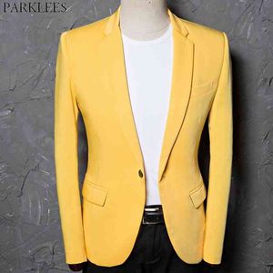 Mäns Slim Fit One Button Casual Blazer Jacket Spring Party Holiday Wedding College Suit Jacka för Man Youth Yellow 210522