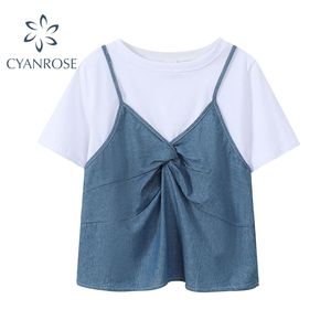 Summer Chic Women's T Shirt Fashion Fake Two Piece Denim Tops Streetwear Casual O Neck Short Sleeve Draped Female 210515