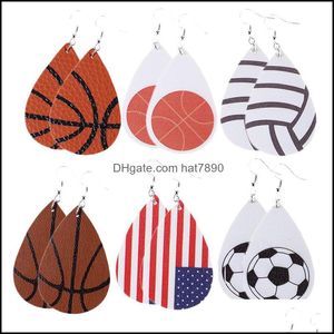 Ljuskrona smycken handgjorda teardrop läder amerikanska flaggan fotboll softball baseball basket basket soer sport dangle örhängen för kvinnor gir