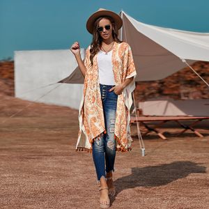 Retro Print Tassel Bikini Cover-ups Boho Long Back Kimono Plus Size Tunic Women Vintage Beach Wear Swim Suit Cover Up A853 210420