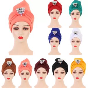 Afrikanska Turbans Auto Gele Kvinnor Hat Dradped Rhinestone Bonnet Head Wraps Fashion Solid Bandana African Headtie Hijab Caps 2021