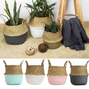 Foldable Storage Basket Creative Natural Seagrass Rattan Straw Wicker Folding Flower Pot Baskets Garden Planter Laundry Supplier Y0314