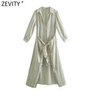 Kvinnor Vintage Striped Print Singel Breasted Casual Shirtdress Kvinna Fram Båge Bundet Business Vestido Chic Dresses DS8174 210420