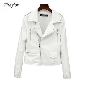 Fitayaylor feder herbst frauen biker lederjacke weich pu punk outwear casual motor faux leder weiße jacke 210916