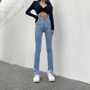 Stretch Dżinsy Kobieta Wysoka talia Femme Split Ołówek Tętniący Denim Skinny Spodnie Spodnie Flarowane Spodnie Kobiet Donna Bell Dolne Jeans 210616