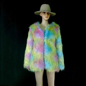 Färgkontrast Imitation Fur Coat Kvinnors multicolor Haining Medium och Long Fur Fashion Fur 211207