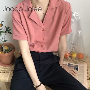 Jocoo Jolee Frauen Sommer Basic Korea Chiffon Vintage Elegant Solide V-Ausschnitt Lose T-Shirt Casual Bottons Kurzarm Tops 210619