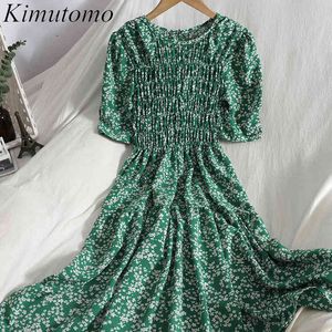 Kimutomo Summer Blommigryck Klänning Kvinnor Prairie Chic Fashion O-Neck Bubble Sleeve Kläder Gentle Sweet Fold Vestidos Kvinna 210521