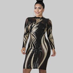 Casual Kleider 5XL Plus Größe Pailletten Party Kleid Frauen Sommer Langarm Midi Mesh Durchsichtig Nacht Clubwear Sexy