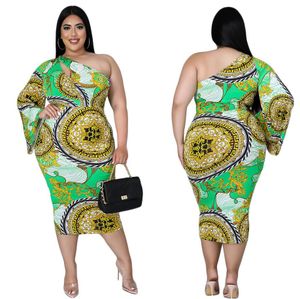 European och American Plus Size Women's Dress Digital Printing One-Sleeve Sexiga Klänningar