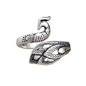 Vintage Black Silver Color Peacock Phoenix Bird Ring for Women Size Adjustable Alloy Rings Boho Style Female Jewelry