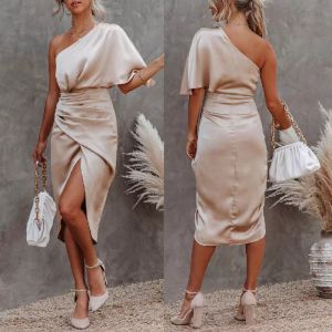 Vestido de festa de verão cetim ruched um ombro encosto longo vestidos para mulheres vestidos de noite de baile