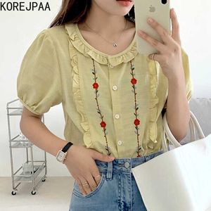 Korejpaa Women Shirt Summer Korean Chic Retro Elegant Wooden Ear Stitching Embroidery Flowers Loose Puff Sleeve Blouses 210526