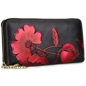 Plånböcker som präglar blommor äkta ko läder kvinnor plånbok lyx kvinnors långa designer blixtlås damer purse mode kvinnliga