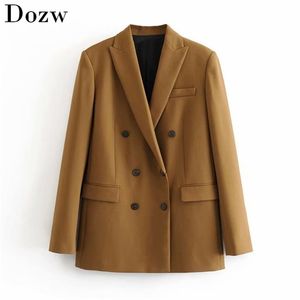 Women Elegant Long Sleeve Double Breasted Blazer Jacket Casual Solid Female Chic Lady Office Suit Outwear Coat 210515