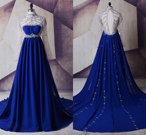 2022 Royal Blue Långärmad Formell Aftonklänningar Hög Neck Beading Crystal Long Train Prom Party Sweet Dress Open Back
