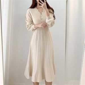 Vintage koreansk veckad klänning långärmad smal kvinna tröja es stickad elegant midi party höst 220210