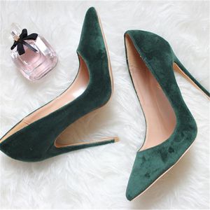 Fashion Women Pumps Green Burgundy Velvet Pointy Toe High Heels Shoes Size33-43 12cm 10cm 8cm Party Dress