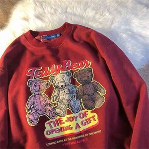 Girls Sweatshirt Autumn Cute Bear Cartoon Print Student Wine Red Sweatershirt Women 210809
