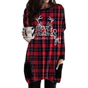 All-Match Sukienka Damska Christmas Elk Print Plaid Plus Size Casual Długi Rękaw Kieszonkowy Kobiet Okrągły Neck Loose Dresses Pullover Y1204