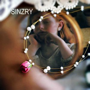 Sinzry Handmadeリアルバラの花淡水真珠の夏のチョーカーネックレスバンドクリエイティブフォレストスタイリッシュなファッションジュエリー