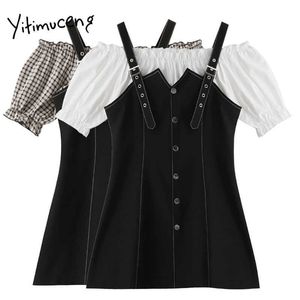 Yitimuceng Plaid Gefälschte 2 Stück Kleider für Frauen A-Line Frühling Puff Sleeve Slash Neck Kurze Einreiher Büro Dame 210601