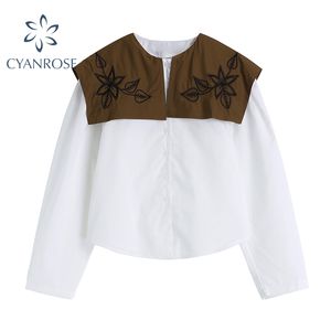 Camicette bianche a maniche lunghe da donna con stampa floreale patchwork collo a scialle eleganti camicie coreane da donna allentate alla moda Blusas Top 210417