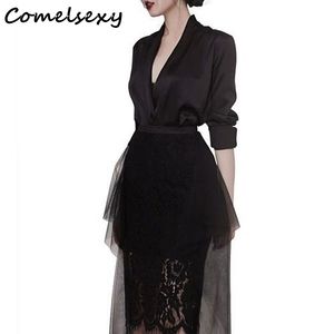 Spring Black Sexy Deep V Neck Blazer Long Coat +fashion Irregular Lace Patchwork Mesh Skirt Suits Women 2 Piece Set Dress 210515