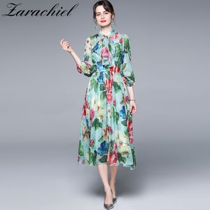 Summer Fashion Runway Elegant Green Flower Women Bow Collar Belt Floral Printed Chiffon Dress Bohemian Midi Vestdios 210416