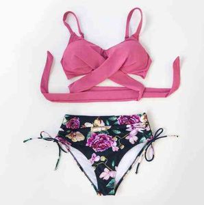 Luksusowe Designer Swimwear Swimwear Bikini 2022 Różowy i Kwiatowy Drukuj Wysoki Talia Bikini Garnitur Seksowny Swimsuit Kobiet