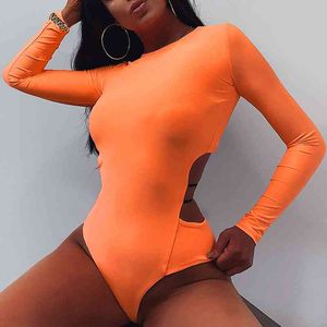 Gaoke bodycon sexy néon laranja bodysuits mulheres outono de manga longa inverno sólido terno do corpo básico feminino o pescoço preto 210401