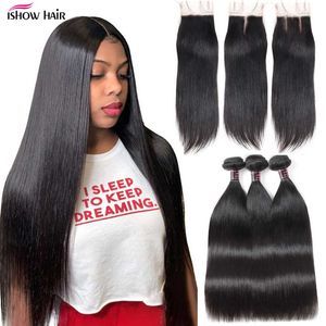 Ishow Virgin Weave Extensions Body Wave 8-28inch For Women Straight Wefts Jet Black Color Human Hair Bundles with Lace Closure Peruvian Water Loose Deep Curly