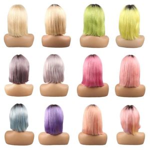 Ombre Colorful 13x6x1 T Część Krótki Human Hair Bob Wig Brazylijski Koronki Przód Ludzkich Włosów Peruki zestrzelony z Włosami dla dzieci 150% Gęstość Party Star dla kobiet