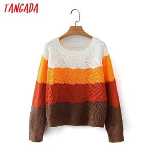 Tangada Women Hollow Loose Striped Knitted Sweater Jumper O Neck Female Oversize Pullovers Chic Tops 2M117 210609
