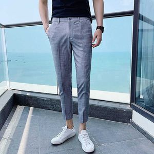 Summer Plaid Casual Pants Men Ankle Length Business Dress Pants Streetwear Office Social Trousers Formal Wedding Trousers 210527