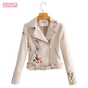 Women's PU Leather Lapel Long-sleeved Jacket Female Heavy Industries Embroider Flowers and Leaves Rivet Short Leather Jacket 210507