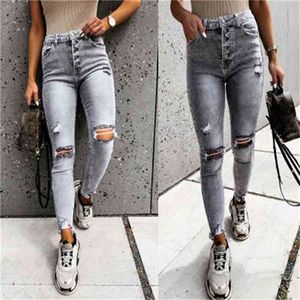 Elegante cinza skinny jean streetwear cintura alta rasgado buracos lápis feminino verão calças 210629