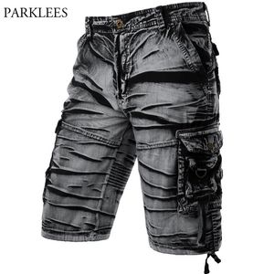 Szare szorty Camo Cargo Mężczyźni Bawełniane Męskie Krótkie spodnie Wygodne Bermudy Masculina Relaxed Fit Multi-Pocket Pantalon Corto Hombre 210716