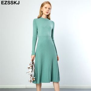 Puro Outono Inverno Bodycon O-Pescoço Básico Slim A-Linha Espesso Vestido Longo Dress Mulheres Feminina Básico MAIX ROBE Vestido Vestido 211110