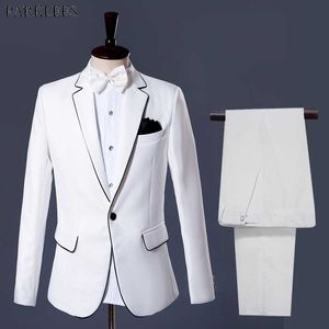 Smoking da sposo bianco da sposa adatto agli uomini con un bottone risvolto abiti eleganti con pantaloni da uomo Costume da festa Homme Mariage 2XL 210522