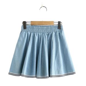 Skirts Merry Pretty Denim Women's Striped Patchwork Pleated 2021 Sweet Girl Hight Waist Cute Mini Elasticity